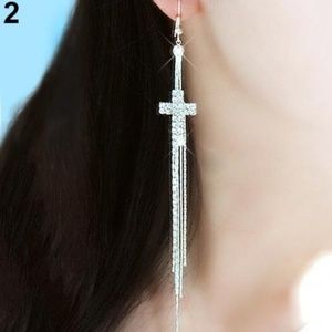 NWT Rhinestone Cross Pendant Long Tassels Earrings